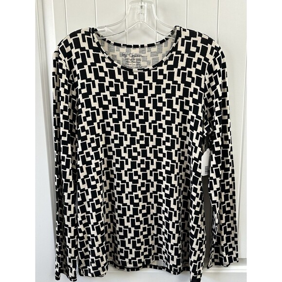 Chicos Black and Cream Abstract Print Pullover Round Neck LS Womens Top Size 1 - Picture 1 of 5